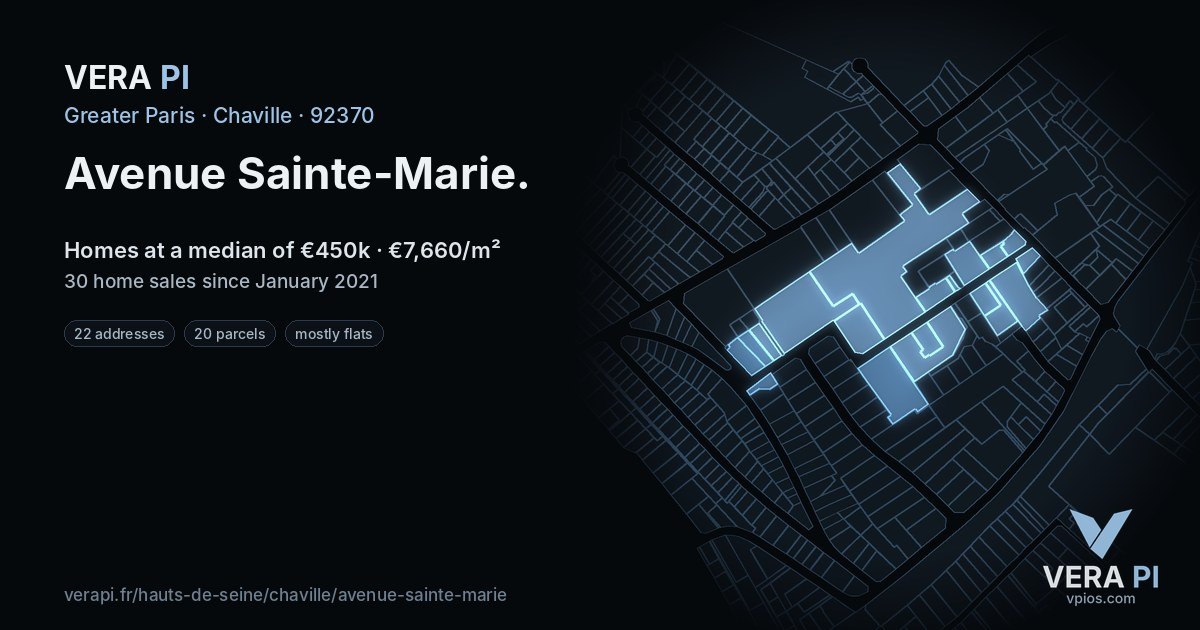 Avenue Sainte-Marie, Chaville at night – every parcel coloured by the prices around it, the street's own parcels lit
