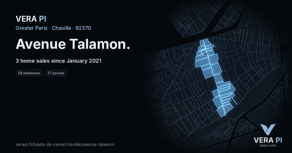 Avenue Talamon, Chaville at night – every parcel coloured by the prices around it, the street's own parcels lit