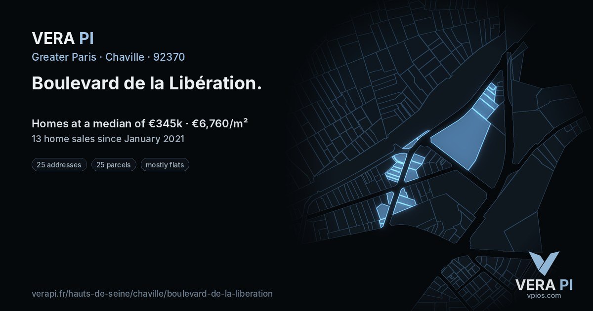 Boulevard de la Libération, Chaville at night – every parcel coloured by the prices around it, the street's own parcels lit