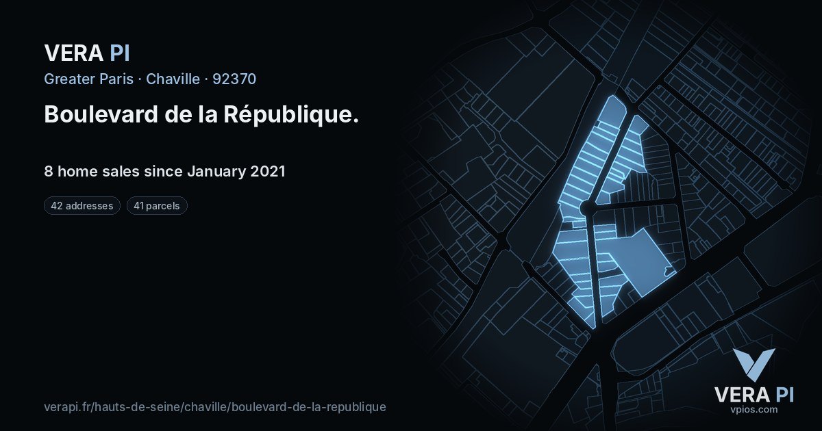 Boulevard de la République, Chaville at night – every parcel coloured by the prices around it, the street's own parcels lit