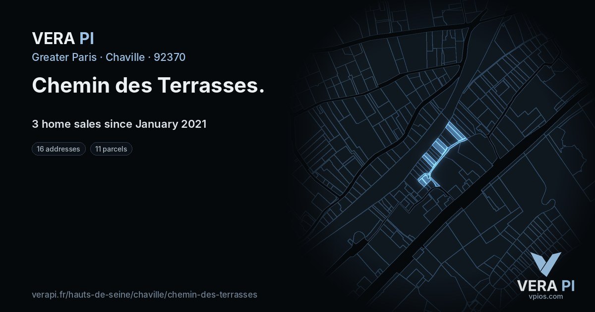 Chemin des Terrasses, Chaville at night – every parcel coloured by the prices around it, the street's own parcels lit