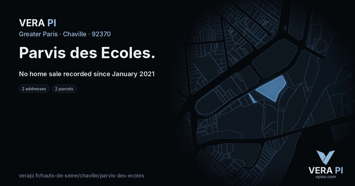 Parvis des Ecoles, Chaville at night – every parcel coloured by the prices around it, the street's own parcels lit