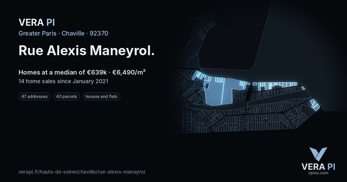 Rue Alexis Maneyrol, Chaville at night – every parcel coloured by the prices around it, the street's own parcels lit