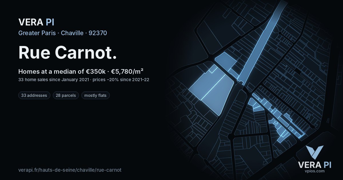 Rue Carnot, Chaville at night – every parcel coloured by the prices around it, the street's own parcels lit