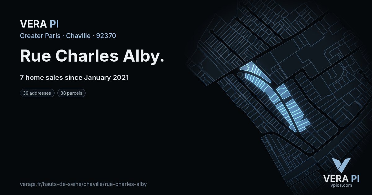 Rue Charles Alby, Chaville at night – every parcel coloured by the prices around it, the street's own parcels lit