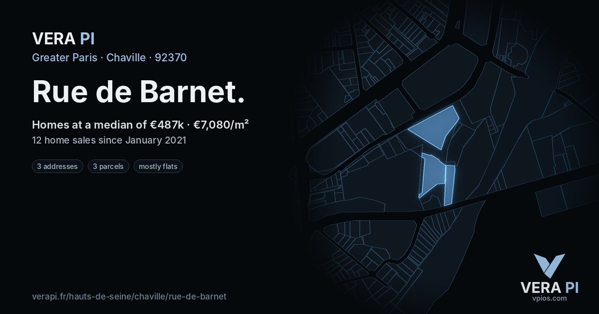 Rue de Barnet, Chaville at night – every parcel coloured by the prices around it, the street's own parcels lit
