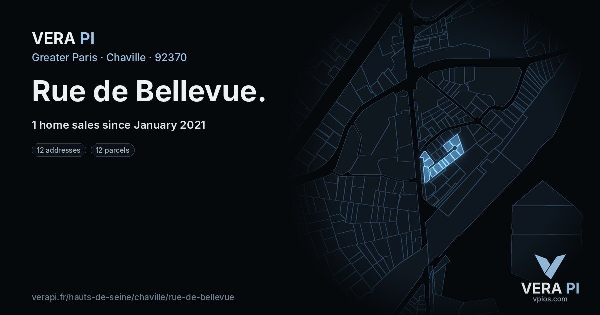 Rue de Bellevue, Chaville at night – every parcel coloured by the prices around it, the street's own parcels lit