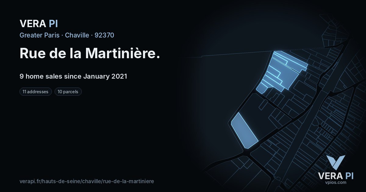 Rue de la Martinière, Chaville at night – every parcel coloured by the prices around it, the street's own parcels lit