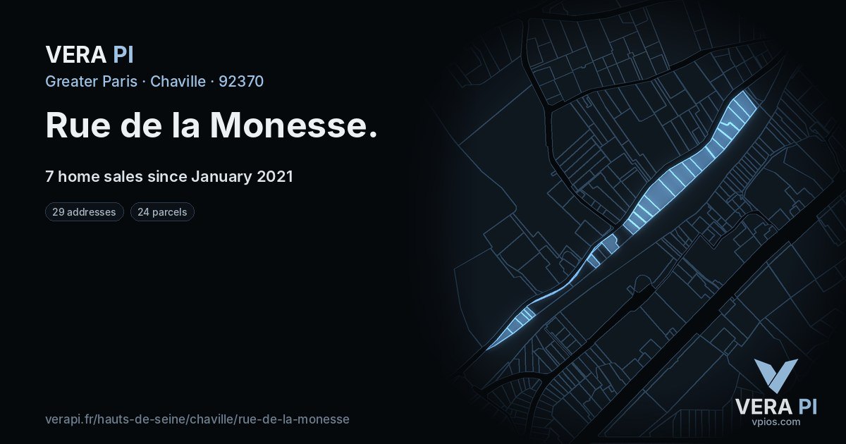 Rue de la Monesse, Chaville at night – every parcel coloured by the prices around it, the street's own parcels lit