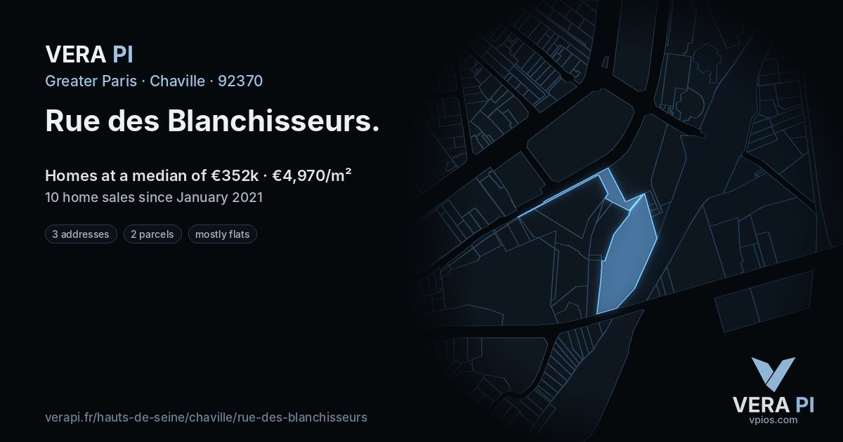 Rue des Blanchisseurs, Chaville at night – every parcel coloured by the prices around it, the street's own parcels lit