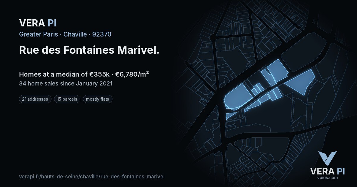 Rue des Fontaines Marivel, Chaville at night – every parcel coloured by the prices around it, the street's own parcels lit