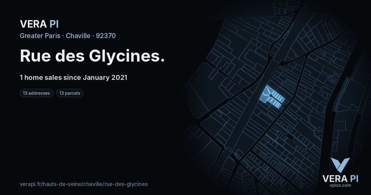 Rue des Glycines, Chaville at night – every parcel coloured by the prices around it, the street's own parcels lit
