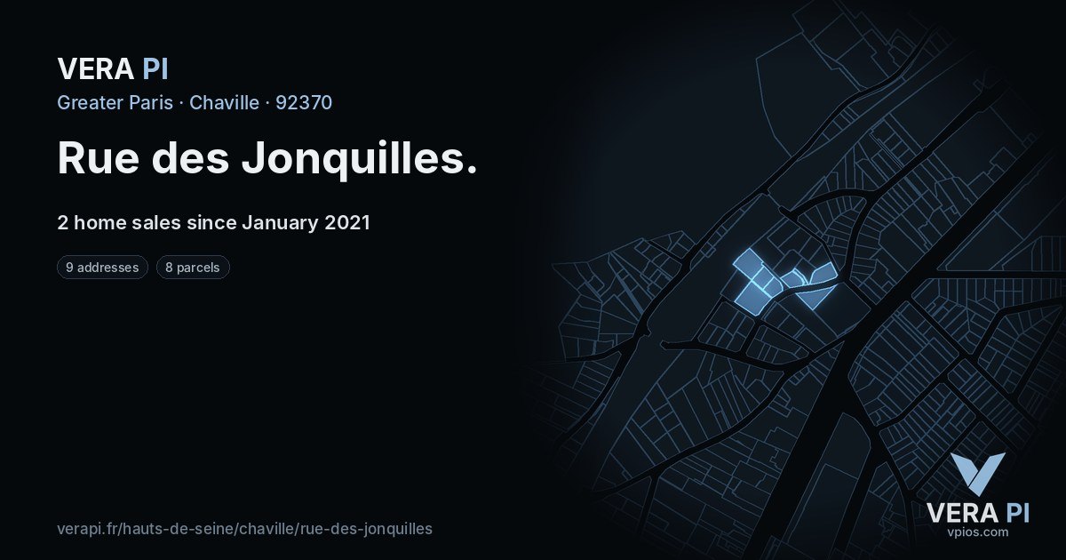 Rue des Jonquilles, Chaville at night – every parcel coloured by the prices around it, the street's own parcels lit