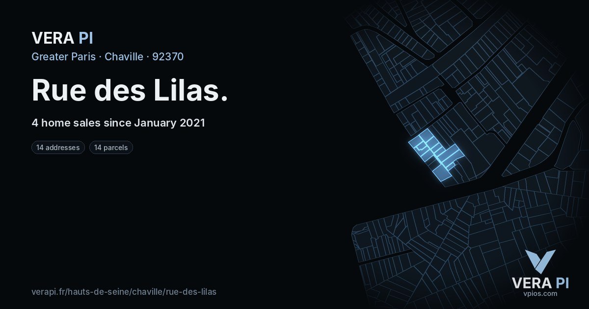 Rue des Lilas, Chaville at night – every parcel coloured by the prices around it, the street's own parcels lit