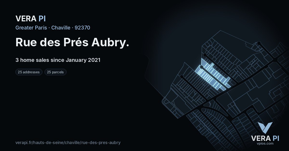 Rue des Prés Aubry, Chaville at night – every parcel coloured by the prices around it, the street's own parcels lit