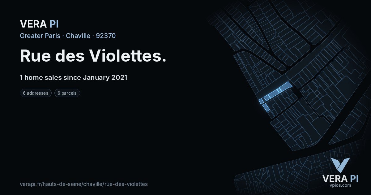 Rue des Violettes, Chaville at night – every parcel coloured by the prices around it, the street's own parcels lit