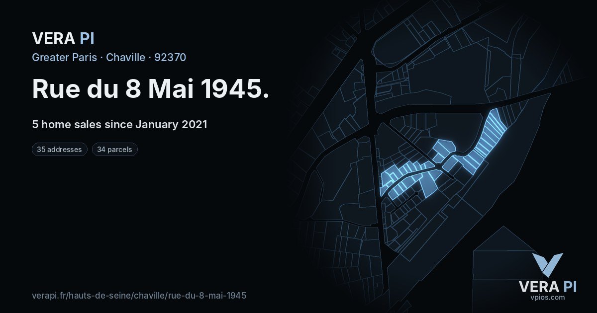Rue du 8 Mai 1945, Chaville at night – every parcel coloured by the prices around it, the street's own parcels lit