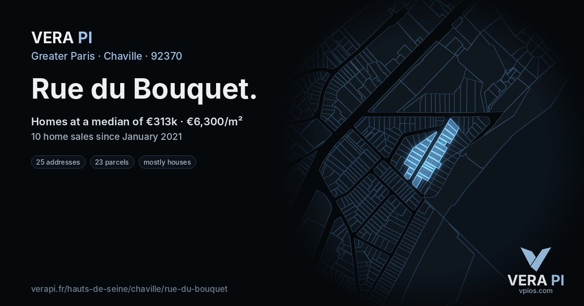 Rue du Bouquet, Chaville at night – every parcel coloured by the prices around it, the street's own parcels lit