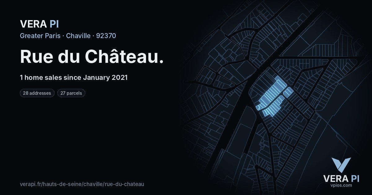 Rue du Château, Chaville at night – every parcel coloured by the prices around it, the street's own parcels lit