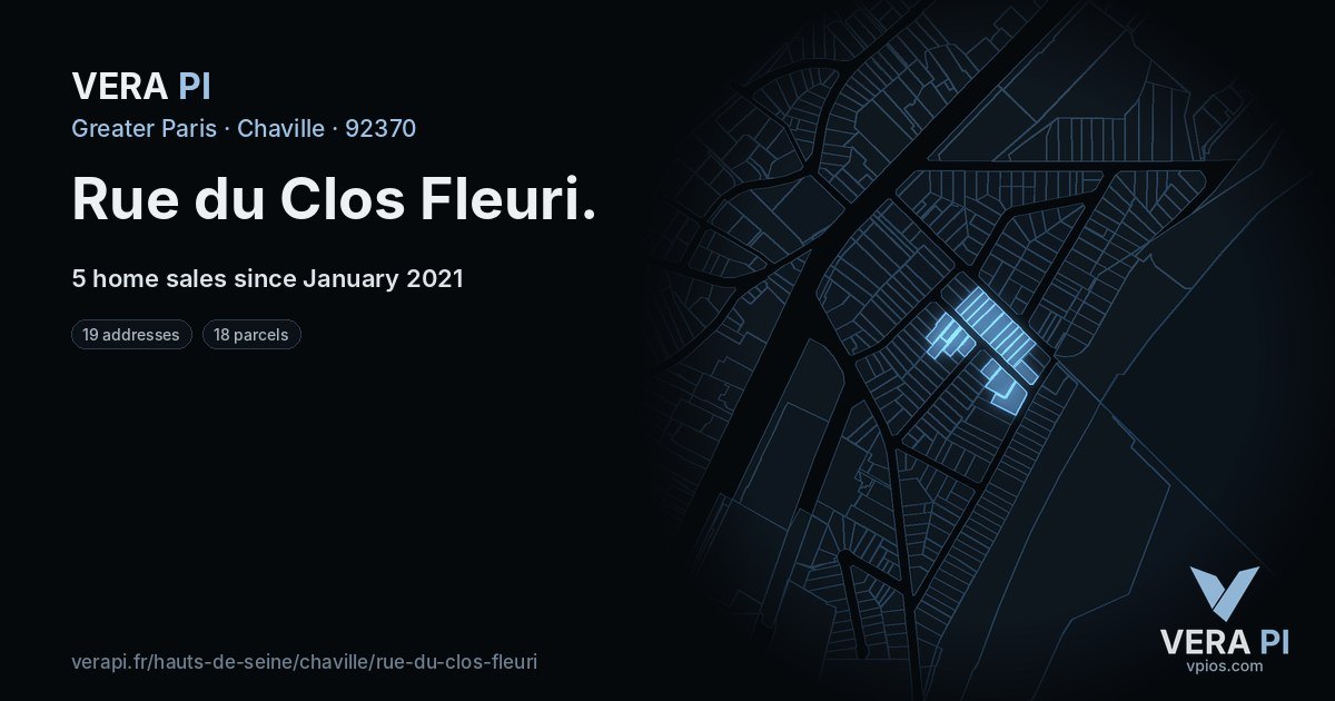 Rue du Clos Fleuri, Chaville at night – every parcel coloured by the prices around it, the street's own parcels lit