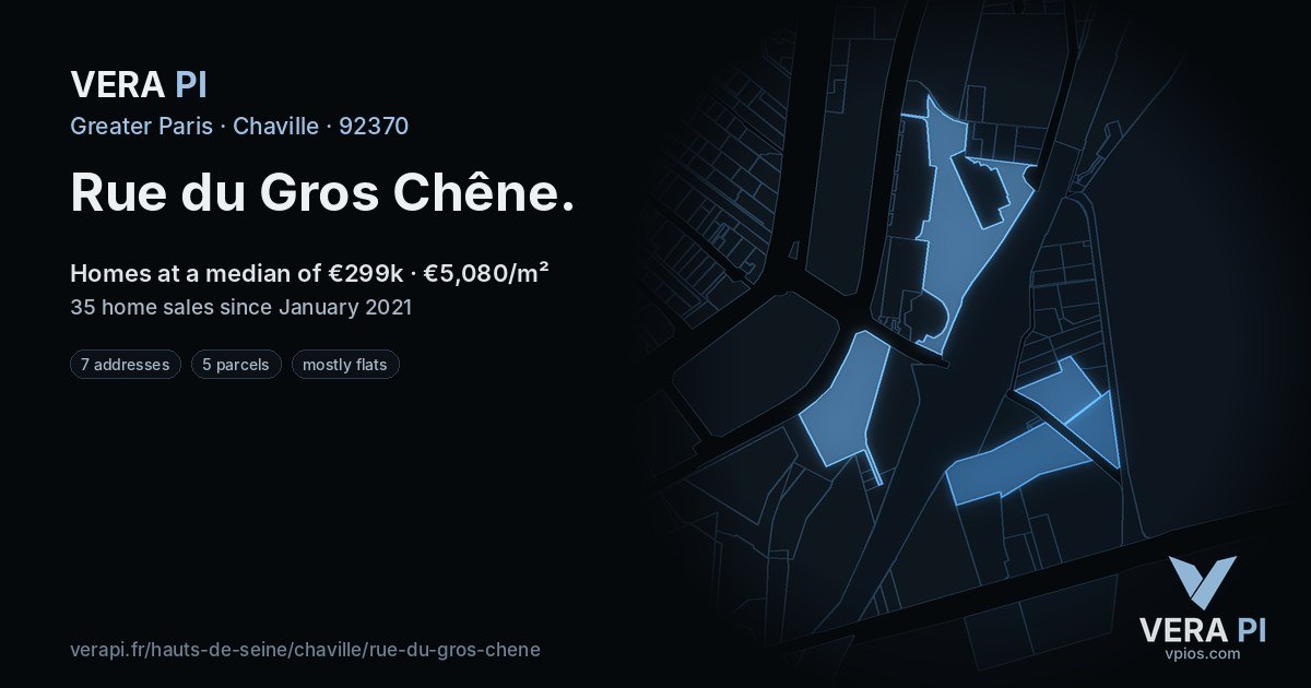 Rue du Gros Chêne, Chaville at night – every parcel coloured by the prices around it, the street's own parcels lit