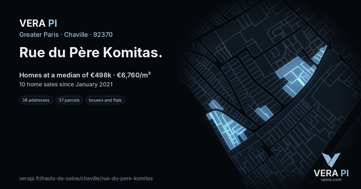 Rue du Père Komitas, Chaville at night – every parcel coloured by the prices around it, the street's own parcels lit