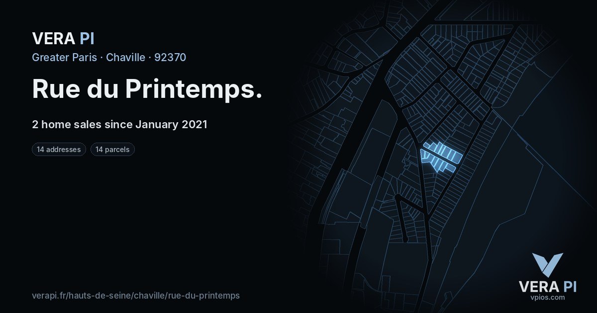 Rue du Printemps, Chaville at night – every parcel coloured by the prices around it, the street's own parcels lit
