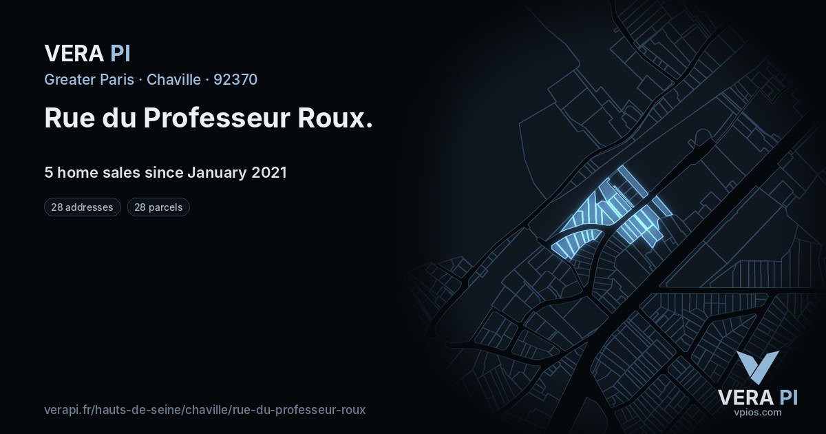 Rue du Professeur Roux, Chaville at night – every parcel coloured by the prices around it, the street's own parcels lit