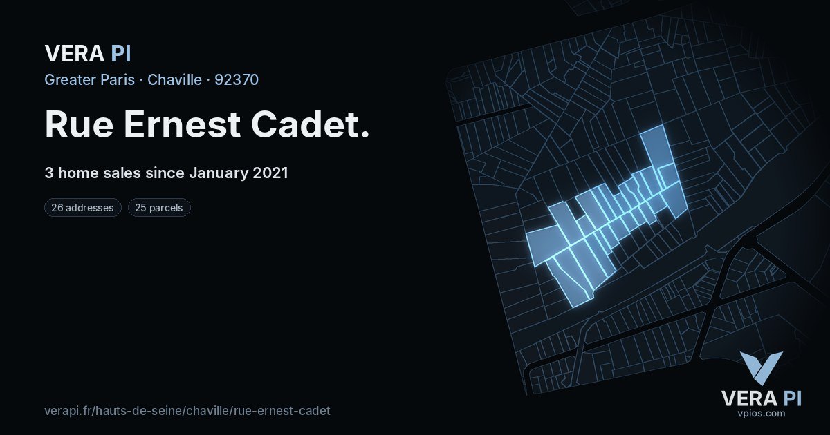 Rue Ernest Cadet, Chaville at night – every parcel coloured by the prices around it, the street's own parcels lit