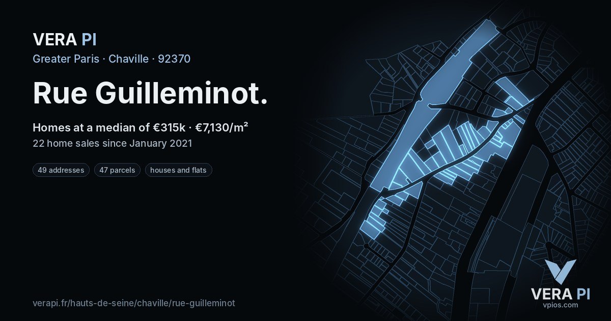 Rue Guilleminot, Chaville at night – every parcel coloured by the prices around it, the street's own parcels lit