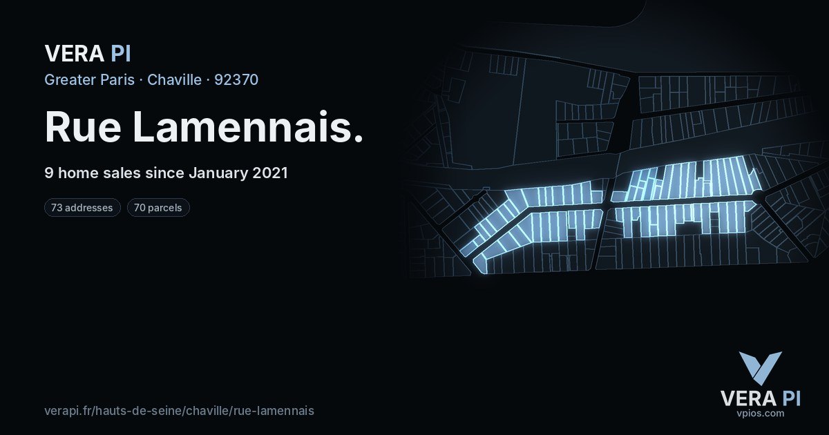 Rue Lamennais, Chaville at night – every parcel coloured by the prices around it, the street's own parcels lit