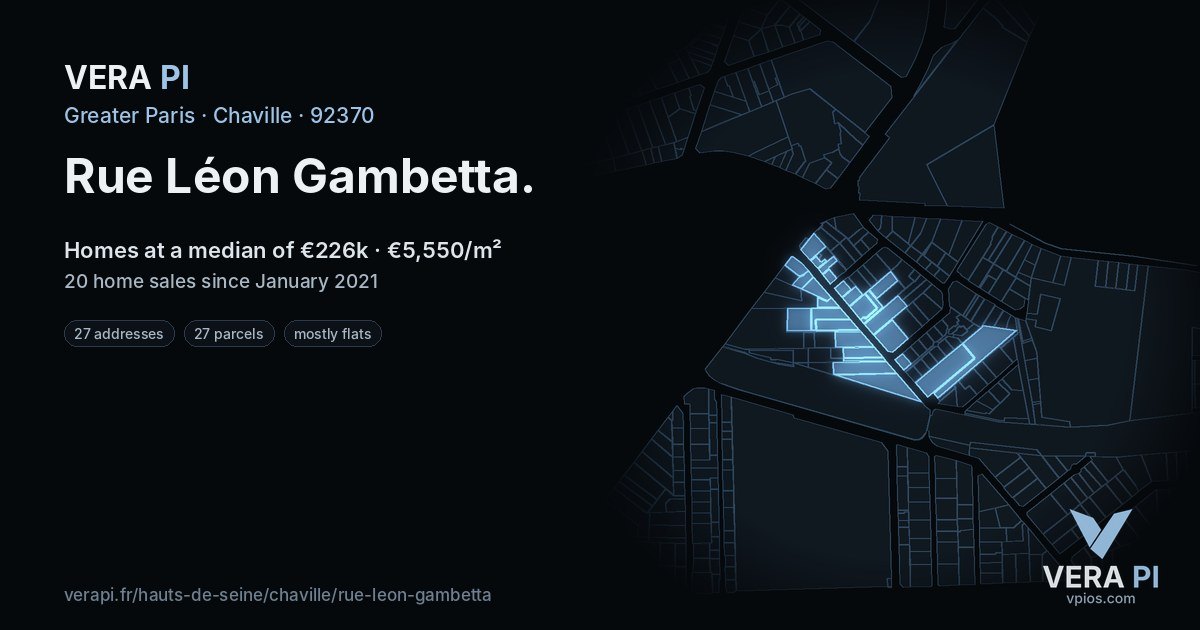 Rue Léon Gambetta, Chaville at night – every parcel coloured by the prices around it, the street's own parcels lit