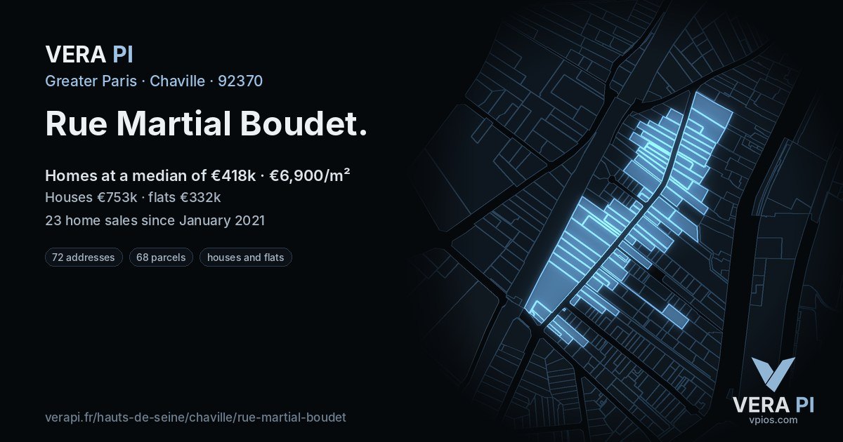 Rue Martial Boudet, Chaville at night – every parcel coloured by the prices around it, the street's own parcels lit