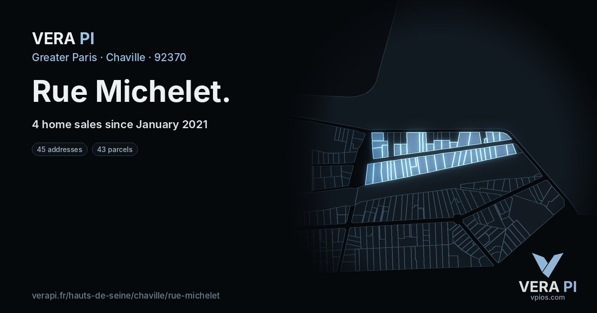Rue Michelet, Chaville at night – every parcel coloured by the prices around it, the street's own parcels lit
