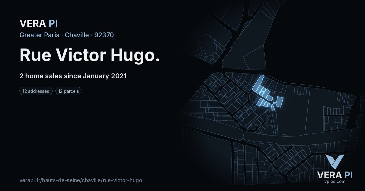 Rue Victor Hugo, Chaville at night – every parcel coloured by the prices around it, the street's own parcels lit