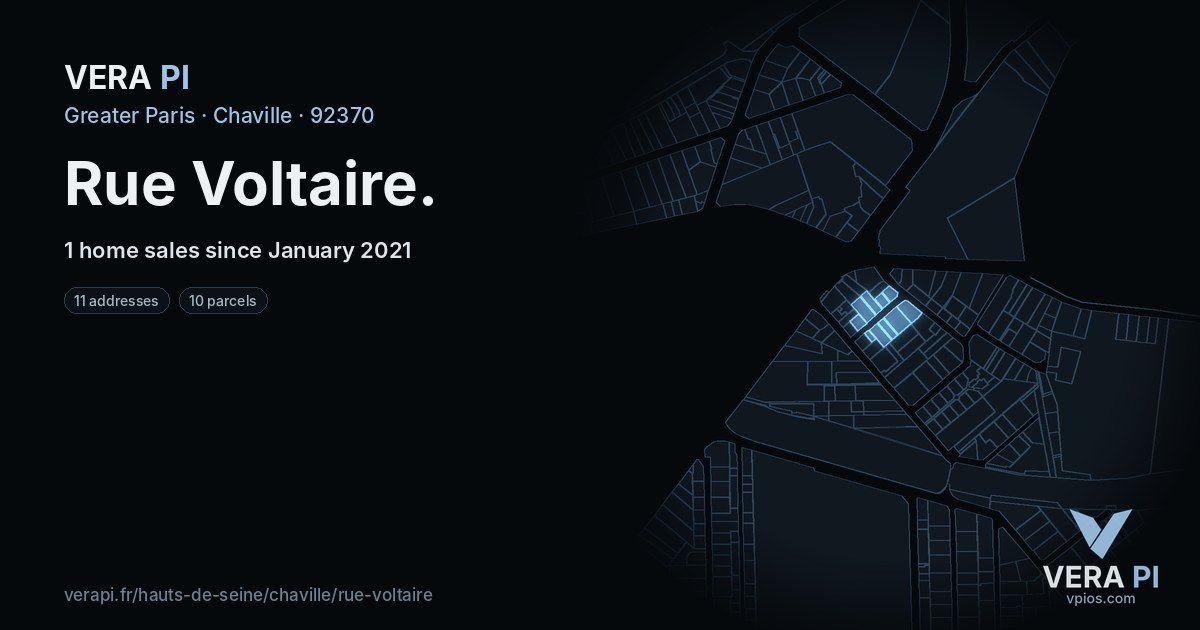 Rue Voltaire, Chaville at night – every parcel coloured by the prices around it, the street's own parcels lit