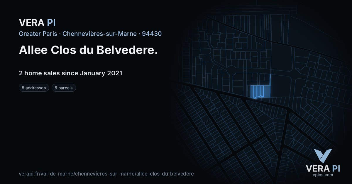 Allee Clos du Belvedere, Chennevières-sur-Marne at night – every parcel coloured by the prices around it, the street's own parcels lit