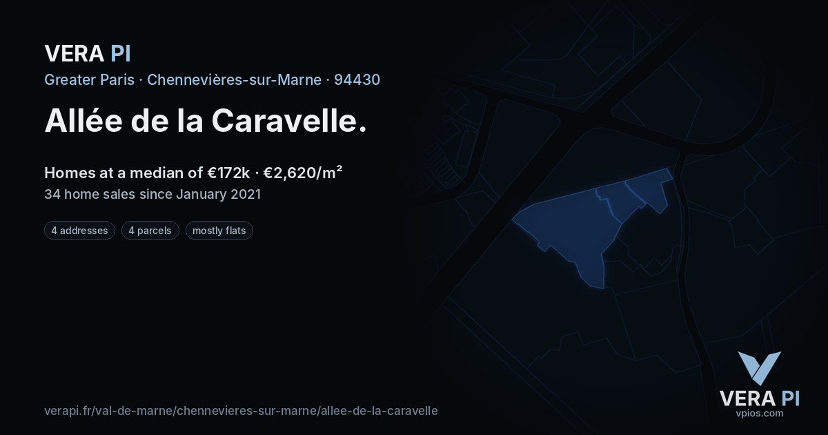 Allée de la Caravelle, Chennevières-sur-Marne at night – every parcel coloured by the prices around it, the street's own parcels lit