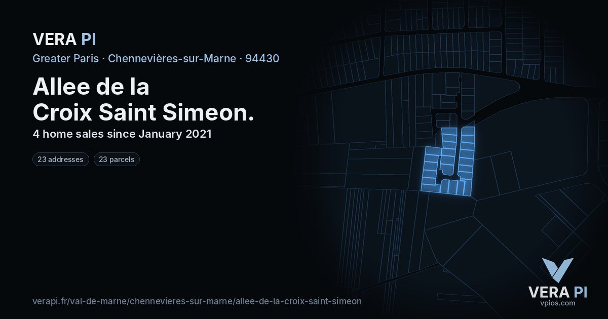 Allee de la Croix Saint Simeon, Chennevières-sur-Marne at night – every parcel coloured by the prices around it, the street's own parcels lit