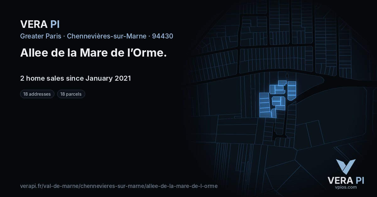 Allee de la Mare de l’Orme, Chennevières-sur-Marne at night – every parcel coloured by the prices around it, the street's own parcels lit