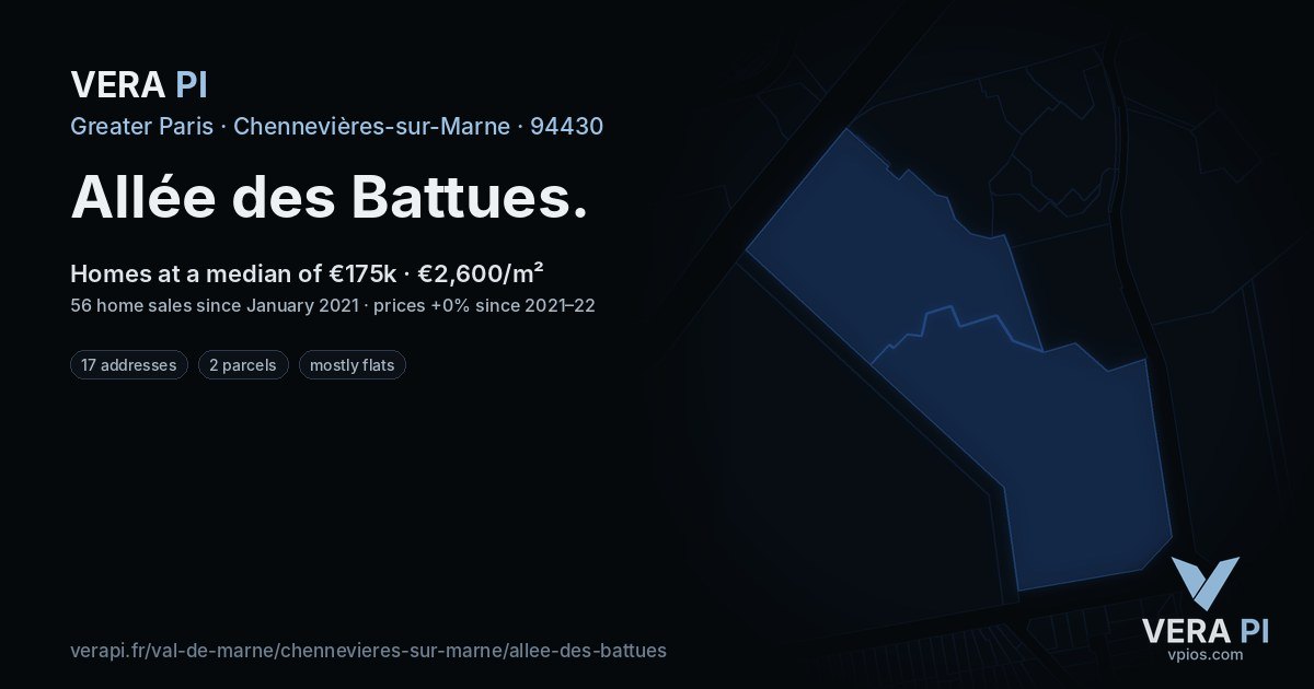 Allée des Battues, Chennevières-sur-Marne at night – every parcel coloured by the prices around it, the street's own parcels lit