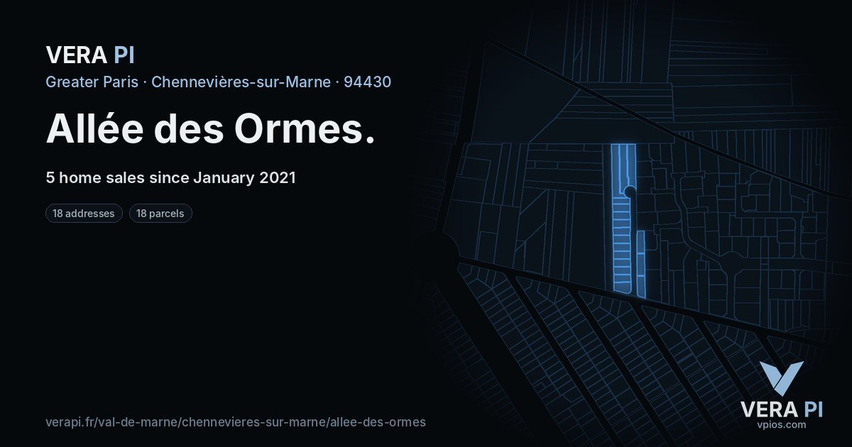 Allée des Ormes, Chennevières-sur-Marne at night – every parcel coloured by the prices around it, the street's own parcels lit