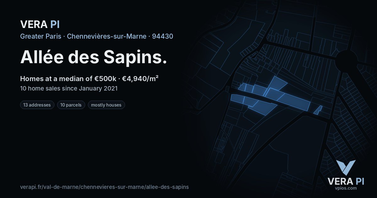 Allée des Sapins, Chennevières-sur-Marne at night – every parcel coloured by the prices around it, the street's own parcels lit