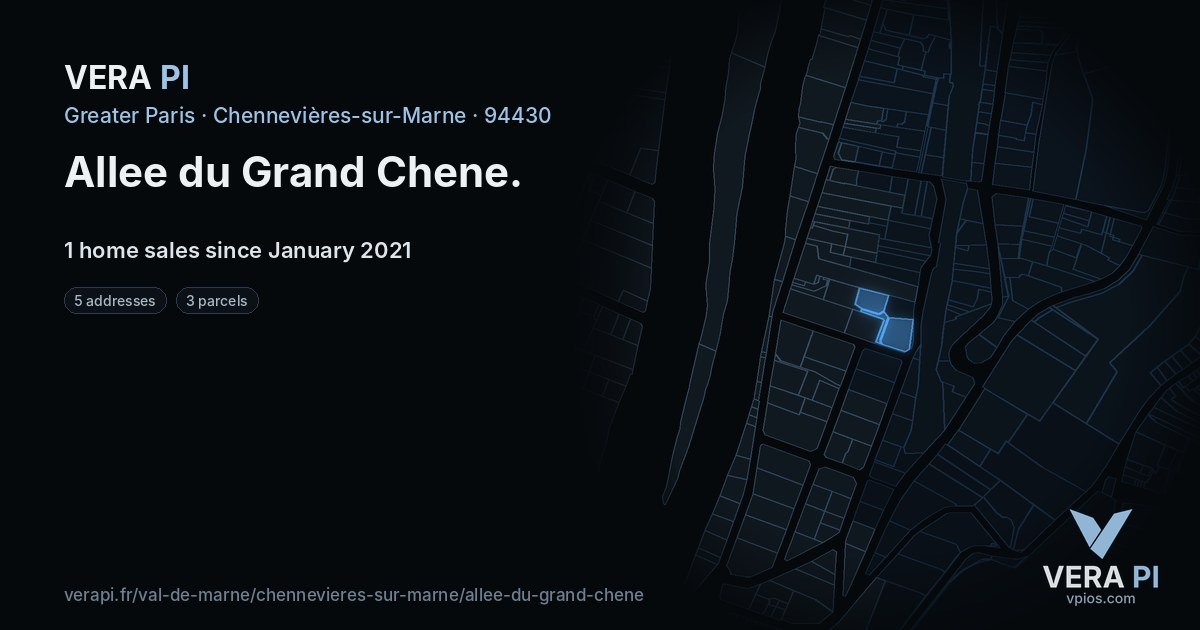 Allee du Grand Chene, Chennevières-sur-Marne at night – every parcel coloured by the prices around it, the street's own parcels lit