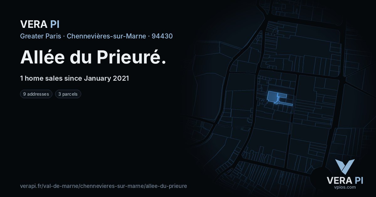 Allée du Prieuré, Chennevières-sur-Marne at night – every parcel coloured by the prices around it, the street's own parcels lit