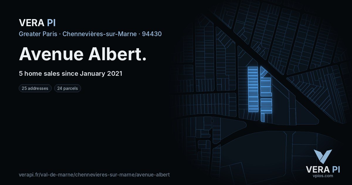 Avenue Albert, Chennevières-sur-Marne at night – every parcel coloured by the prices around it, the street's own parcels lit