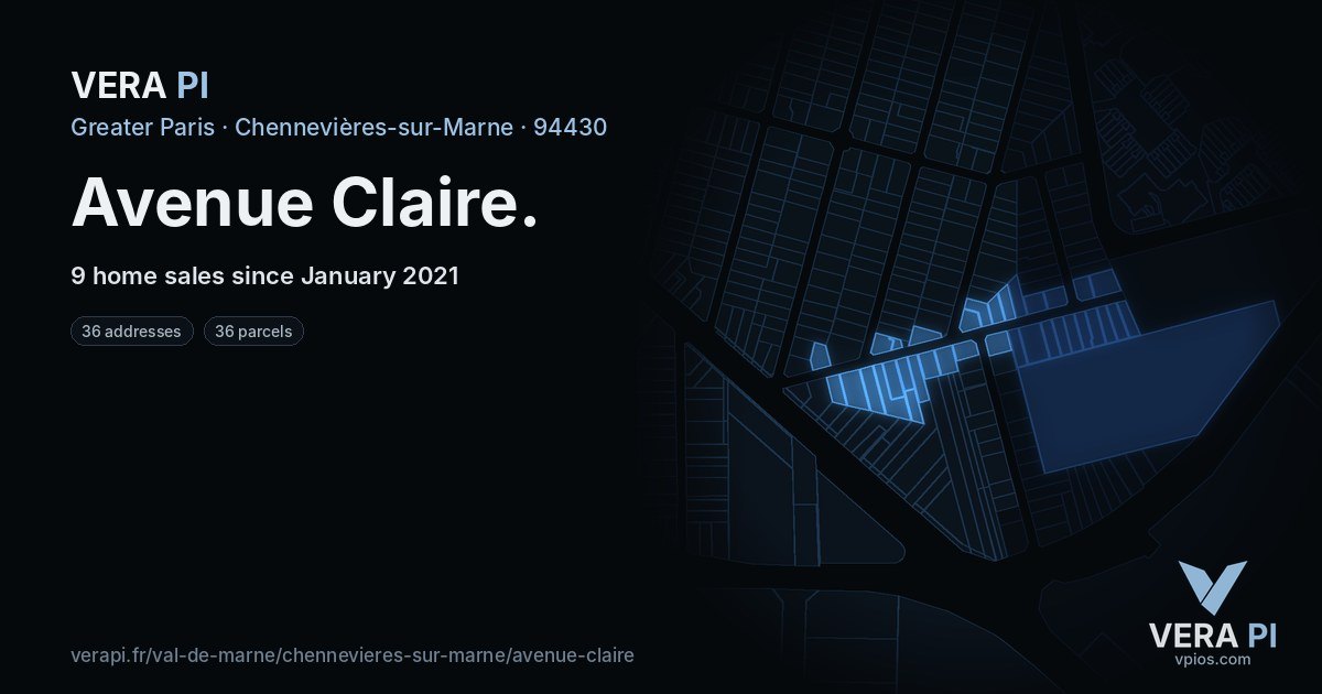 Avenue Claire, Chennevières-sur-Marne at night – every parcel coloured by the prices around it, the street's own parcels lit