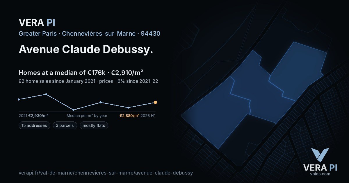 Avenue Claude Debussy, Chennevières-sur-Marne at night – every parcel coloured by the prices around it, the street's own parcels lit
