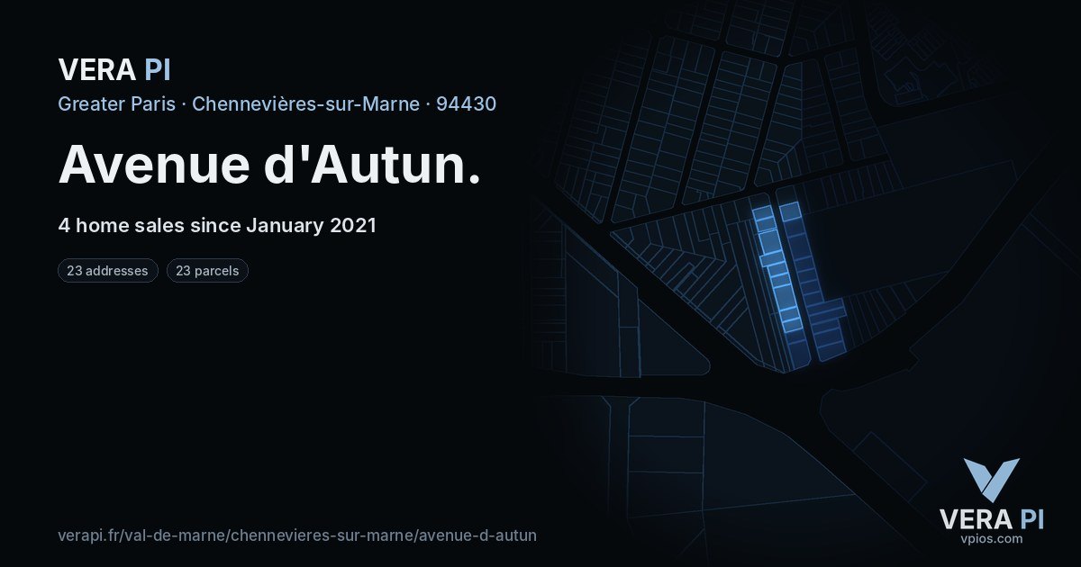 Avenue d'Autun, Chennevières-sur-Marne at night – every parcel coloured by the prices around it, the street's own parcels lit
