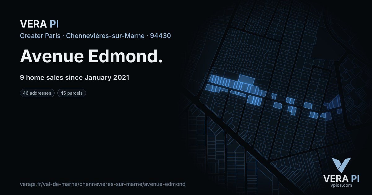 Avenue Edmond, Chennevières-sur-Marne at night – every parcel coloured by the prices around it, the street's own parcels lit